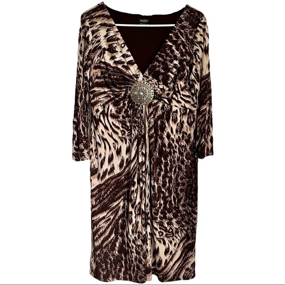 Peck & Peck Collection Animal Print Midi Dress Ruched V Neck Stretchy Comfy 14 - Picture 2 of 11